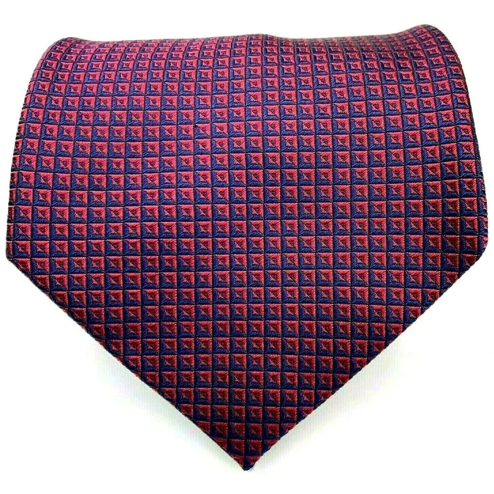 NAUTICA Red Navy Blue Woven Geometric Plaid Squares 100% Silk Mens Necktie